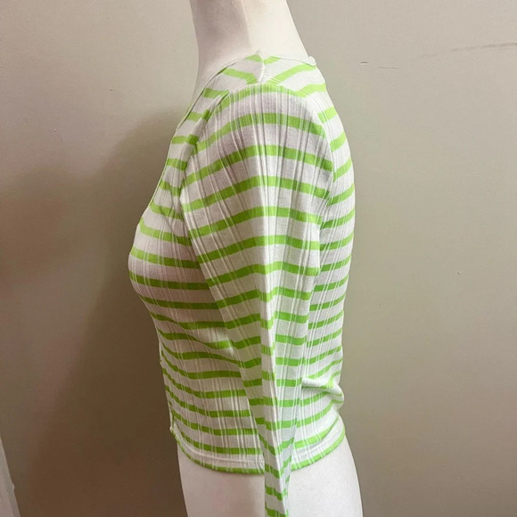 Topshop Ribbed Long Sleeve Cut Out Top Small Green Stripes Stretchy NWOT - Picture 4 of 11